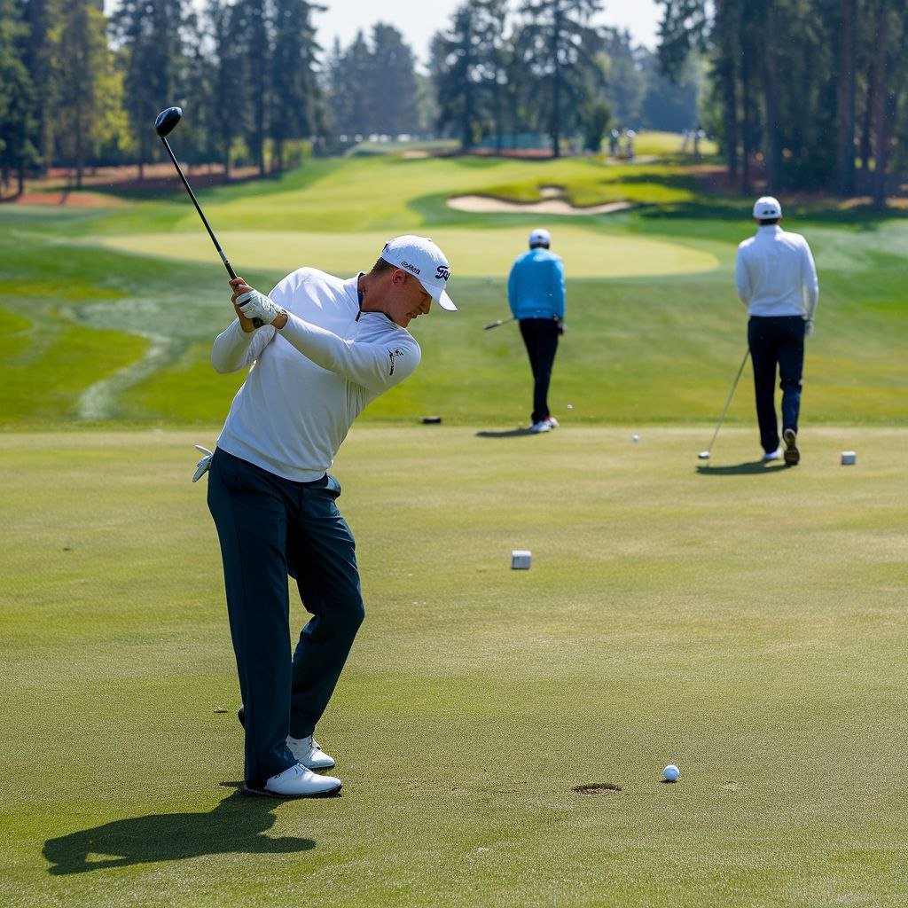 a golfer plays golf with a club in a golf course