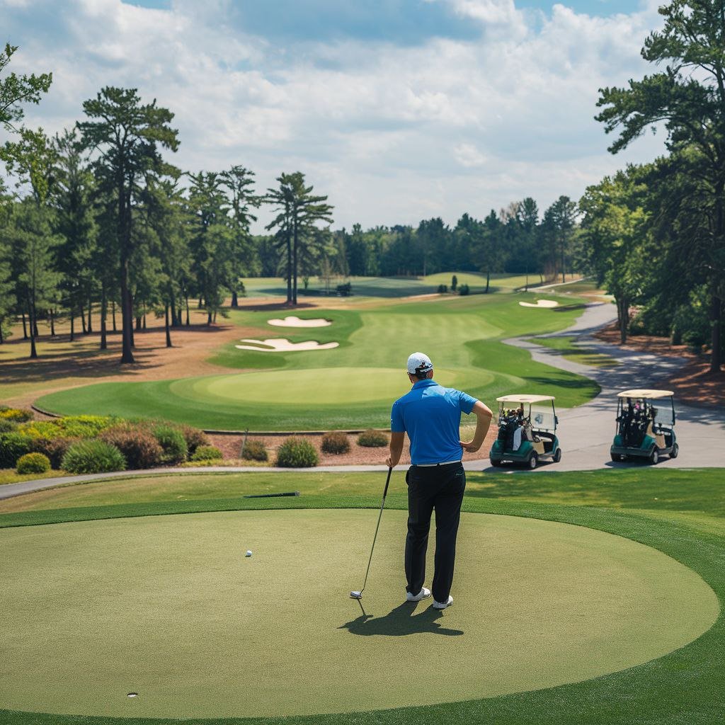 a golfer stands with a club in a golf course