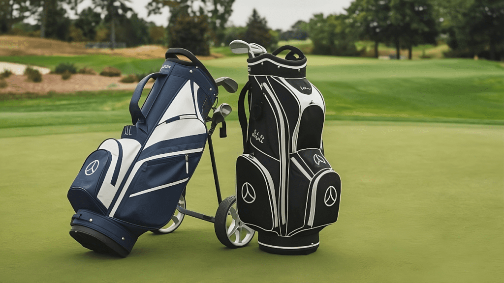 Two golf bags, a cart bag and a stand bag, positioned on a lush green field, showcasing their distinct designs.