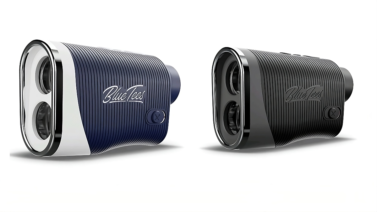 Two Blue Tees Golf Series 3 Max rangefinders featuring the company logo, showcasing their sleek design and functionality.