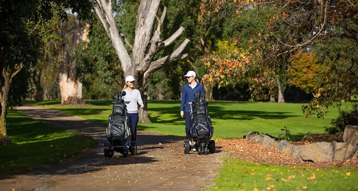 Two golfers walking on a path.