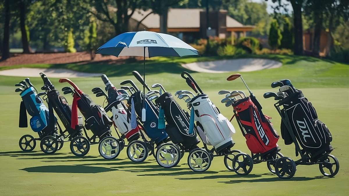 Golf carts, clubs and umbrellas displayed on a green, featuring a golf push cart alongside them.