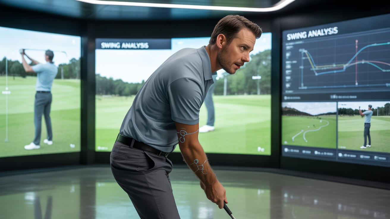 Golfer practicing swings for hours with motion sensors and AI feedback screen, showing tired but determined expression during intense indoor training session