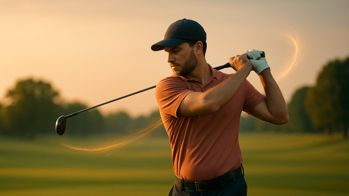 A calm and focused golfer in mid-swing on a golden-hour golf course, showing smooth motion and mental clarity, symbolizing the power of focus over force in the game.