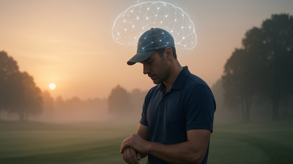 A thoughtful golfer stands on a misty course at sunrise with a glowing brain network above his head, symbolizing mental focus and NeuroGolf training.