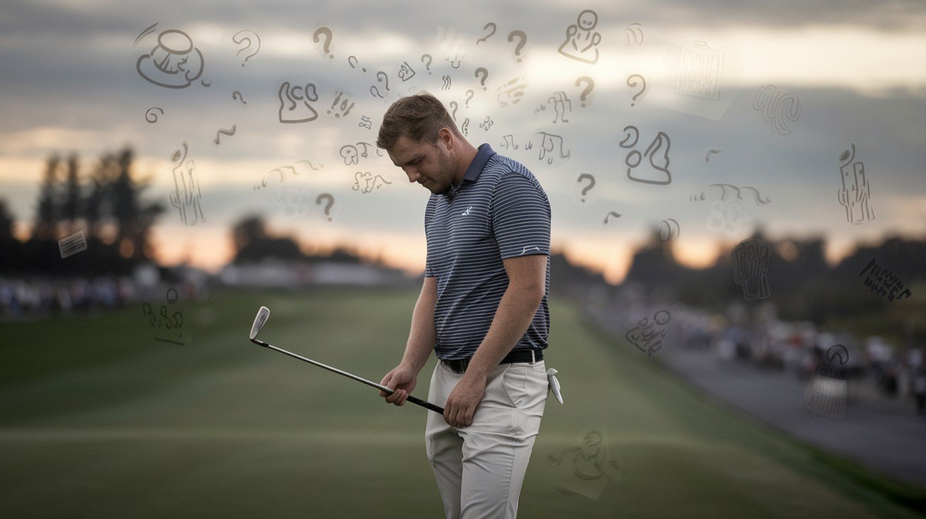 A frustrated golfer stands on the fairway holding his club with a distracted expression, symbolizing the hidden mental mistakes that affect focus and performance in golf.