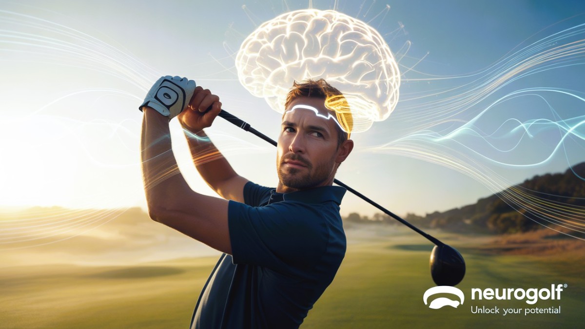 A focused golfer swinging on a misty sunrise course with a glowing digital brain above his head, symbolizing NeuroGolf training, mental clarity, and brain-sensing technology.