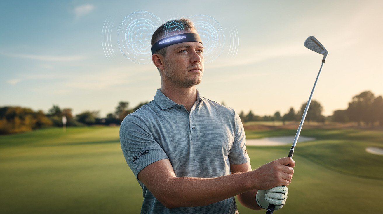 A focused golfer stands on the course wearing a brain-sensing headband with glowing digital brainwave overlays, symbolizing the power of NeuroGolf and mental training in golf performance.
