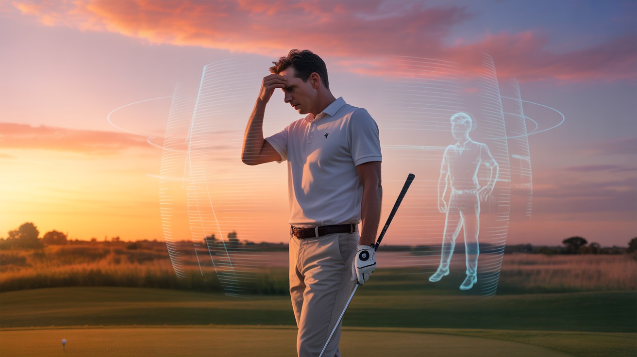 A frustrated golfer on the course with digital holograms of swing analysis and AI icons floating around, representing the use of AI and motion sensors to rebuild a golf swing in one day.