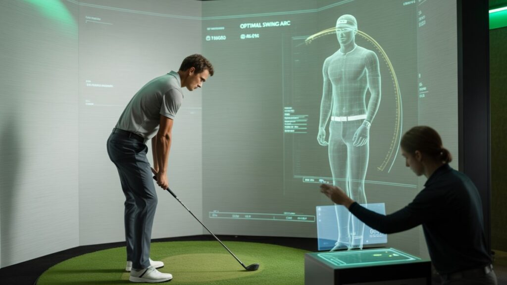 Golfer in a high-tech fitting lab surrounded by DNA holograms and custom gear settings, representing the future of personalized golf equipment based on genetics