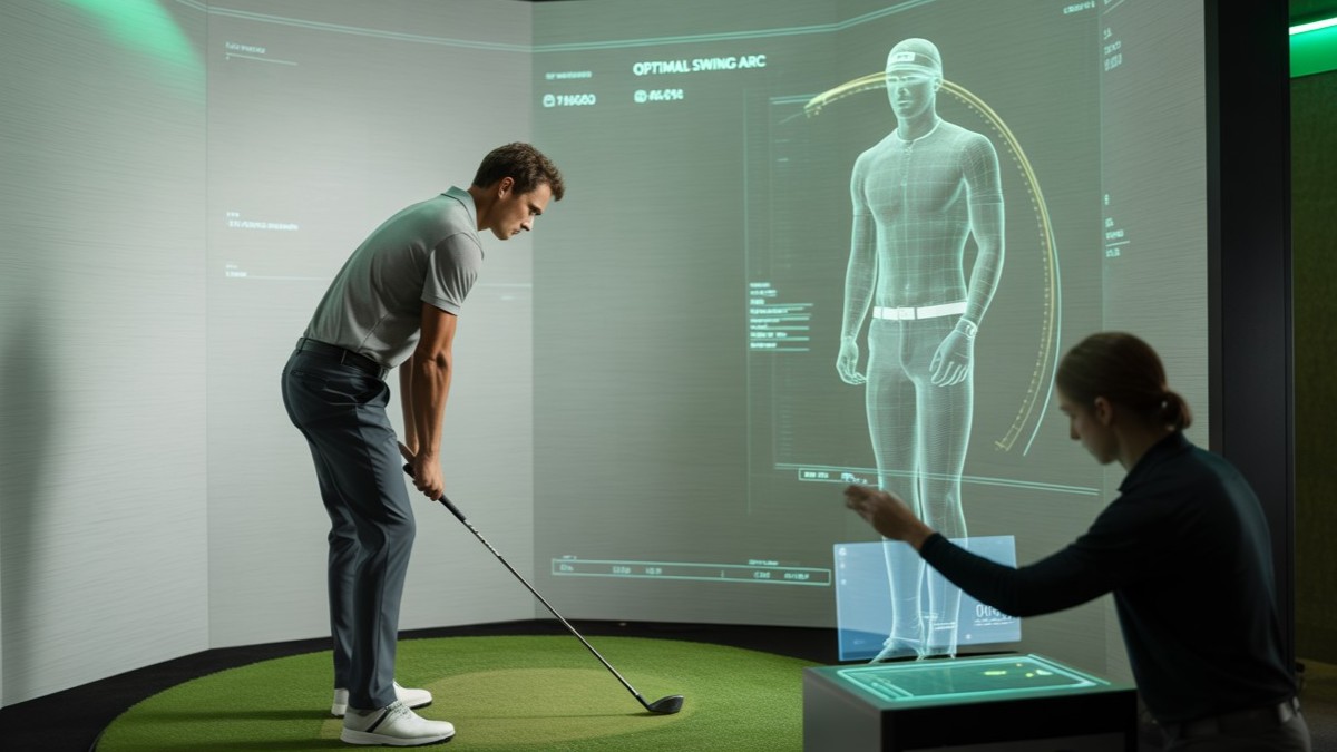 Golfer in a high-tech fitting lab surrounded by DNA holograms and custom gear settings, representing the future of personalized golf equipment based on genetics