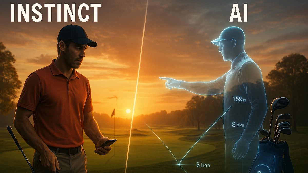 Golfer stands at sunrise on tee box, torn between instinct and AI advice, as a futuristic hologram caddy points to the fairway with a projected shot path overlay.