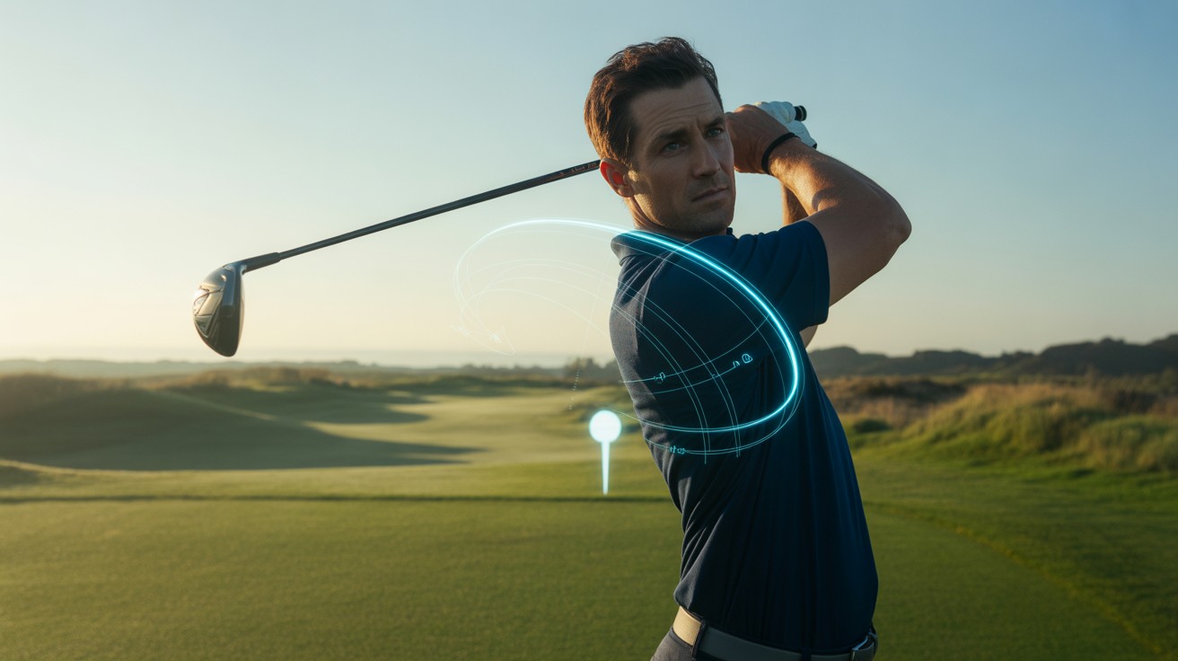 Golfer standing at the first tee at sunrise, preparing to swing with digital swing data visuals around them, showing a mix of technology and nature on the golf course.