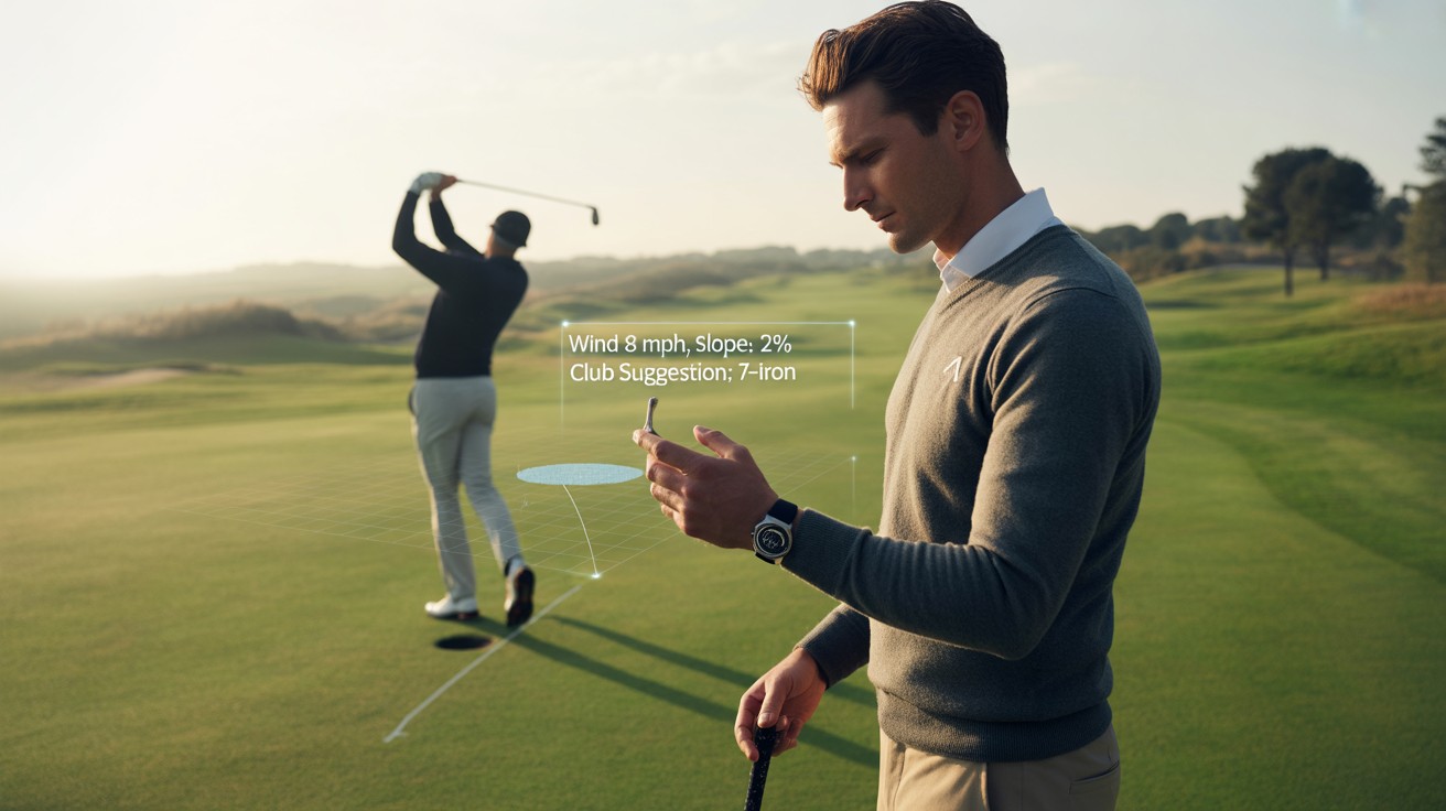 A recreational golfer consults a holographic golf map from a smartwatch on a scenic course at sunrise, with AI-assisted tools offering shot guidance in a blend of technology and tradition.