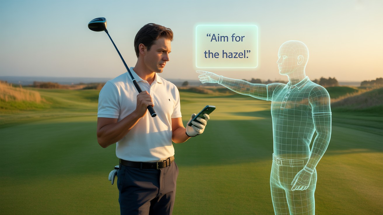 Golfer standing on a tee box at sunrise, holding a club and a smartphone, with a glowing AI hologram caddy beside him pointing toward the fairway, symbolizing the challenge of trusting technology on the golf course.