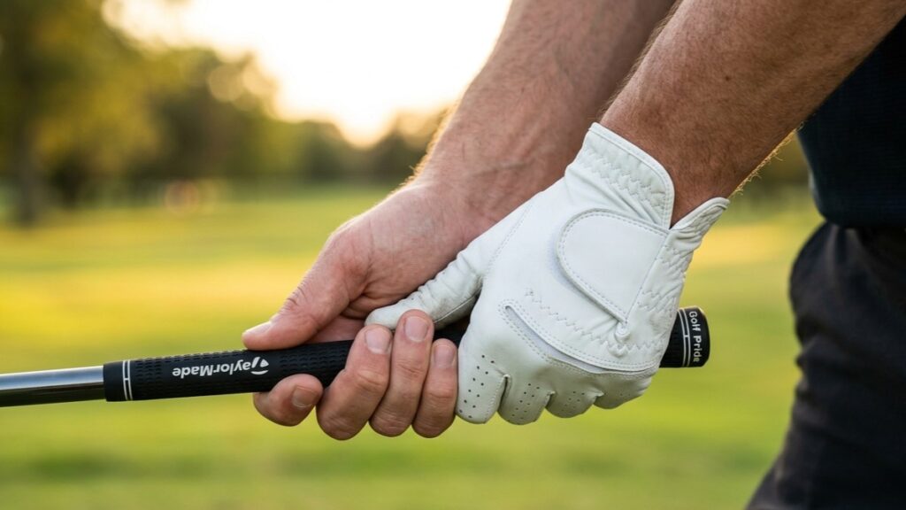 Close-up of a golfer demonstrating the 10-finger baseball grip on a golf club, with both hands placed side by side and all fingers touching the grip at