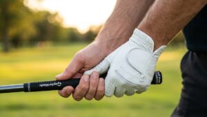 Close-up of a golfer demonstrating the 10-finger baseball grip on a golf club, with both hands placed side by side and all fingers touching the grip at