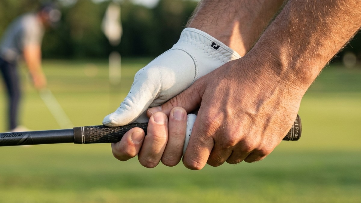 Close-up of a golfer demonstrating the interlocking golf grip, with the trail hand pinky locked between the lead hand’s index and middle fingers on a golf club.